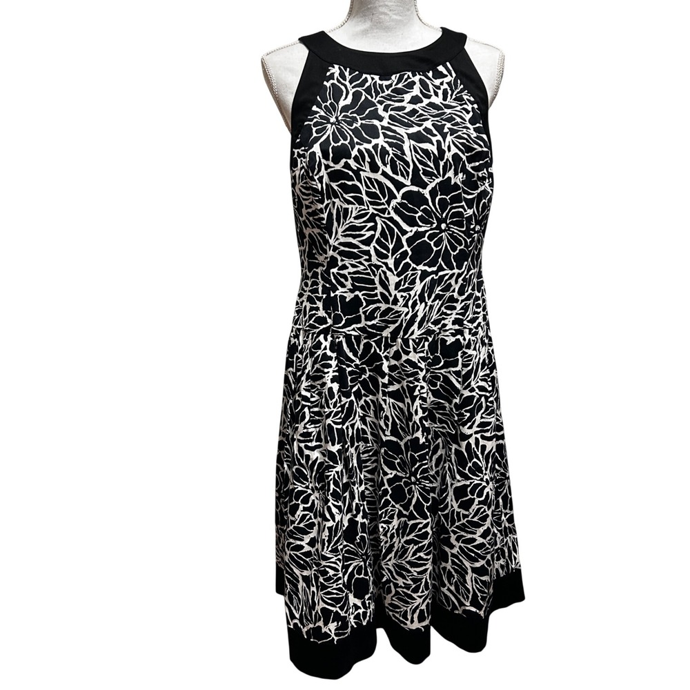 American Living Parisian Midi Dress 12 Black White Floral Fit‎ Flare Cross Back